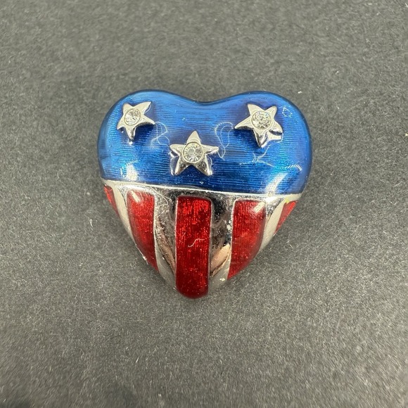 Premier Designs Jewelry - SIGN PREMIER DESIGNS CLEAR RHINESTONE RED BLUE ENAMEL HEART BROOCH VINTAGE